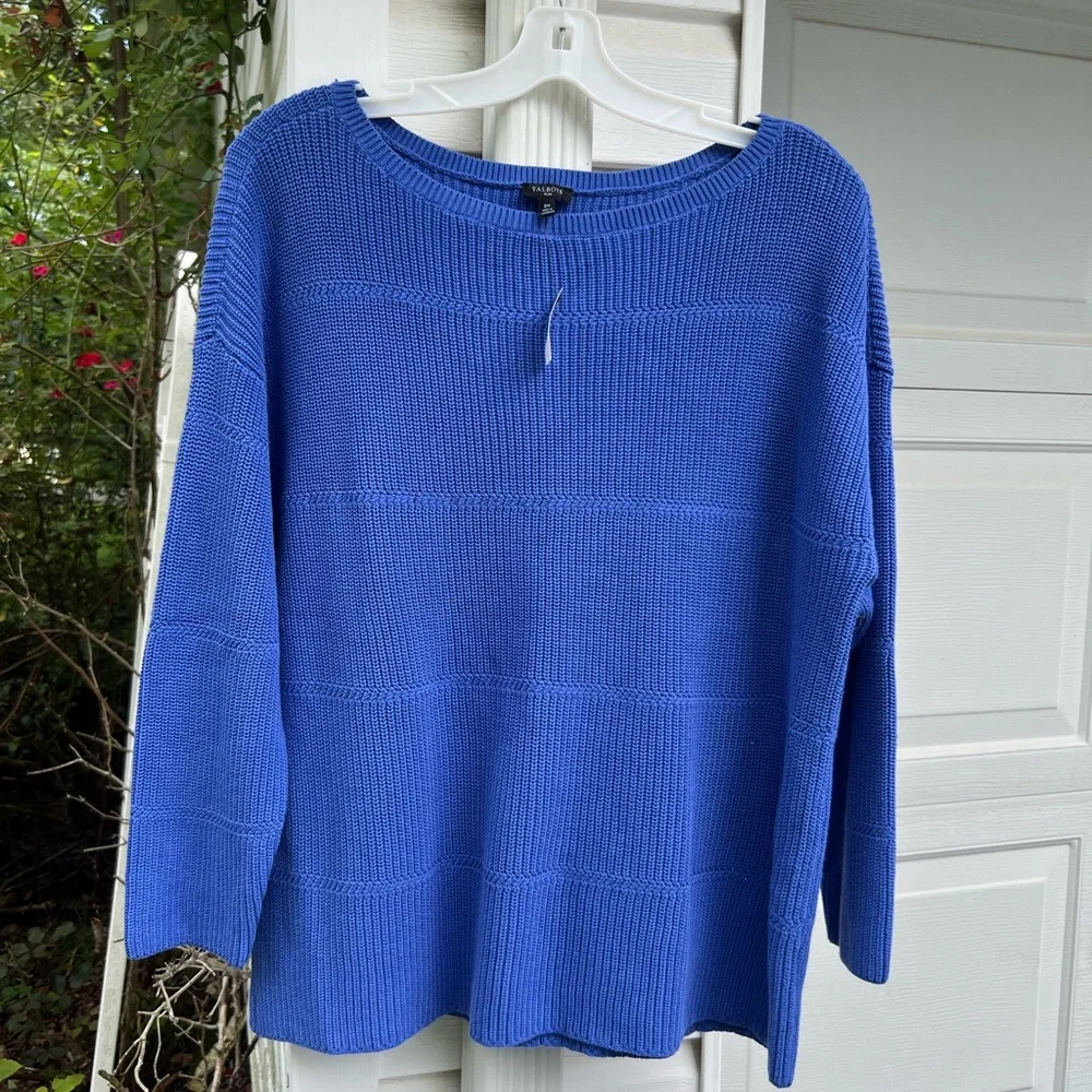 NWT Talbots Pretty Royal Blue Woven Stripe Ballet Neck Cotton Sweater